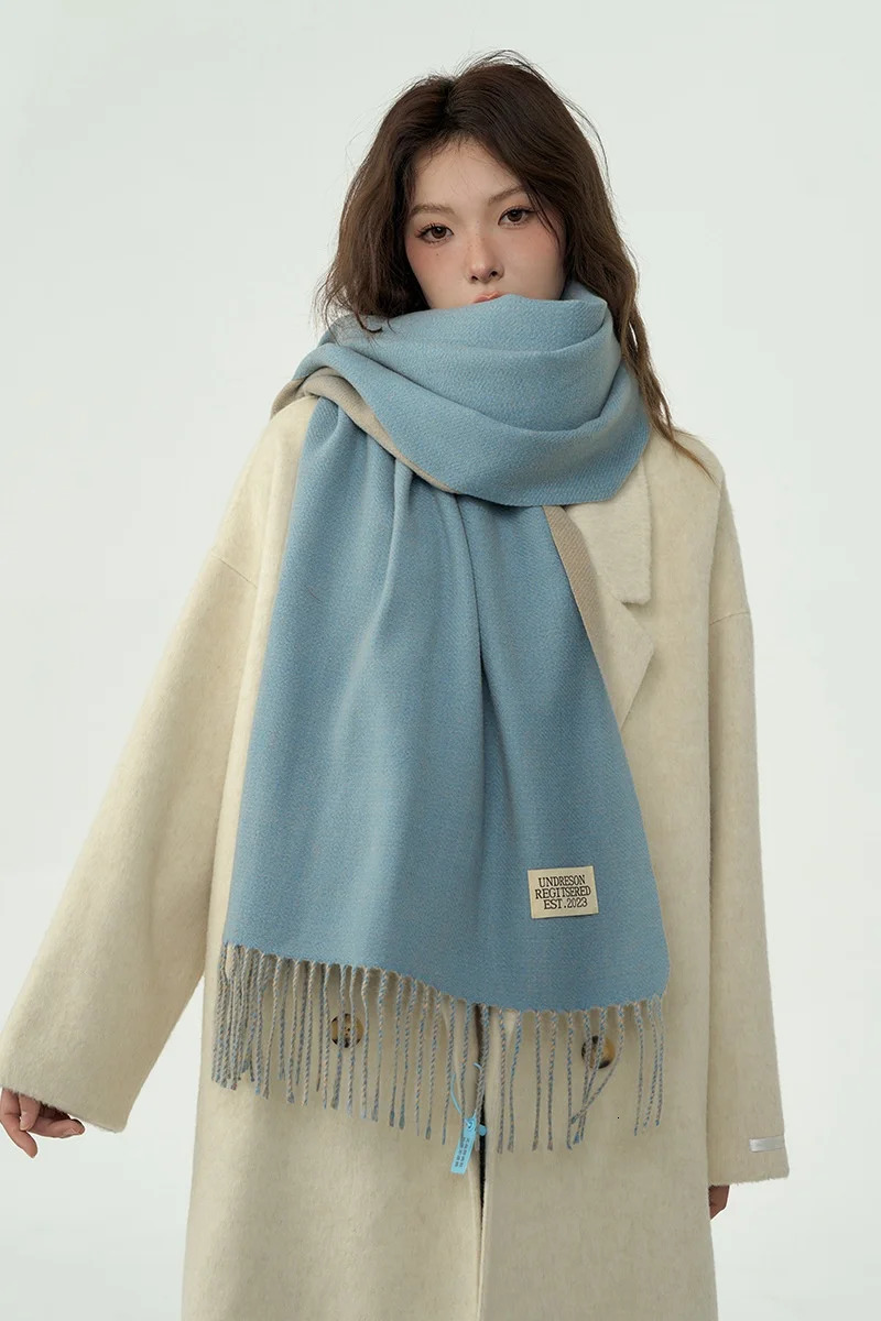 Solid Color Double-Side Cashmere Winter Women Scarf Korea Style Warm Shawl Outdoor Neckerchief Pashmina Tassel Lady 241220
