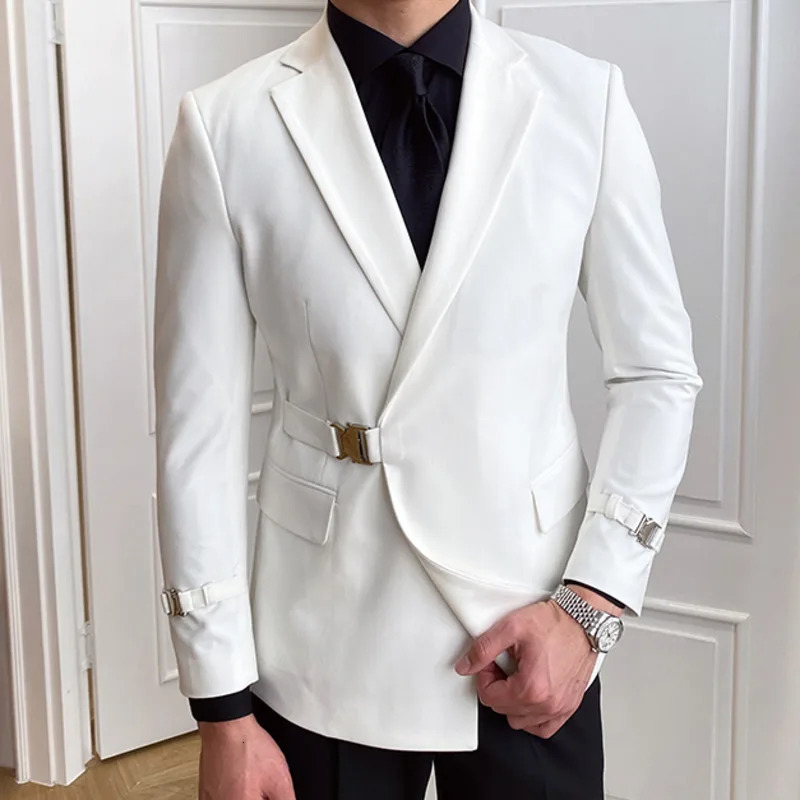 Solid Metal Buckle Decoration Blazer For Men Party Wedding Banquet Business Casual Slim Fit Suits By Italian ners 241218