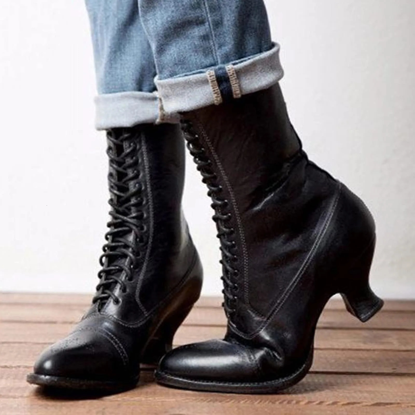 Gothic womens boots heel ankle lace upper corner heel boots high retro elastic cross tie shoes zapatos para mujeres 241213