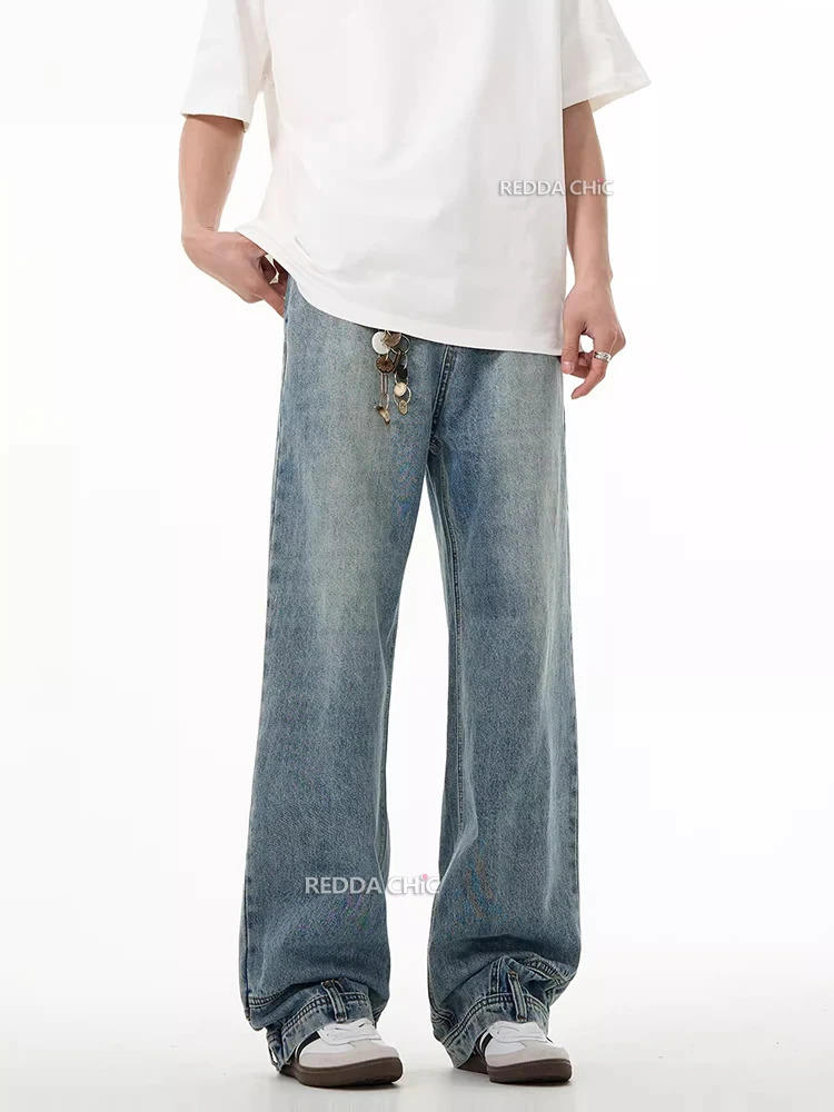 REDDACHIC 90s Retro Backwards Men Baggy Jeans Straight Wide Leg Casual Inverted Pants Upside Down Y2k Trousers Korean Streetwear 241216