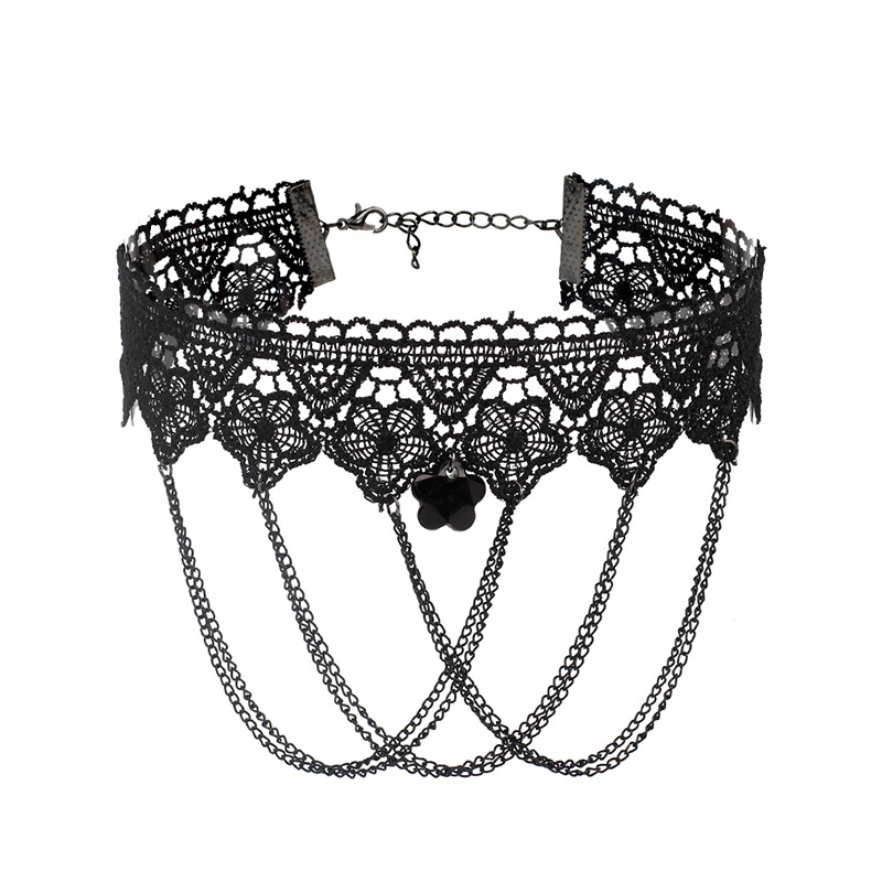 Gothic Black Lace Necklace Women Girl Boho Crystal Tassel Sexy Lace Choker Dark Jewelry Multi-Layer Fringe Lace Choker Necklace - Gothic Lolita Vintag