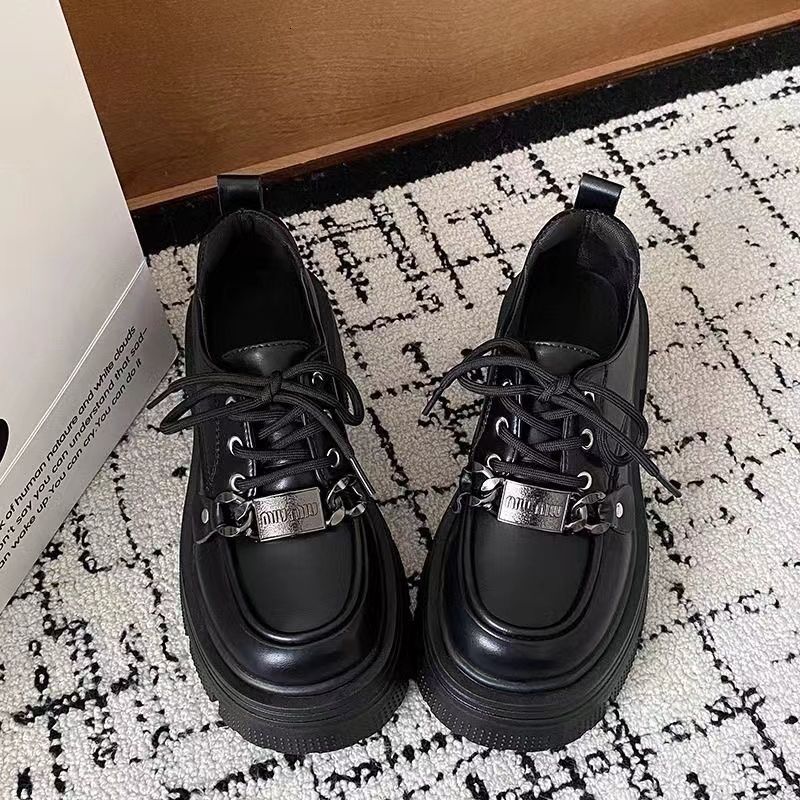 Black JK small leather shoes with British style and high rise thick sole, 2024 new spring and autumn versatile retro single shoes, Le Fu shoes