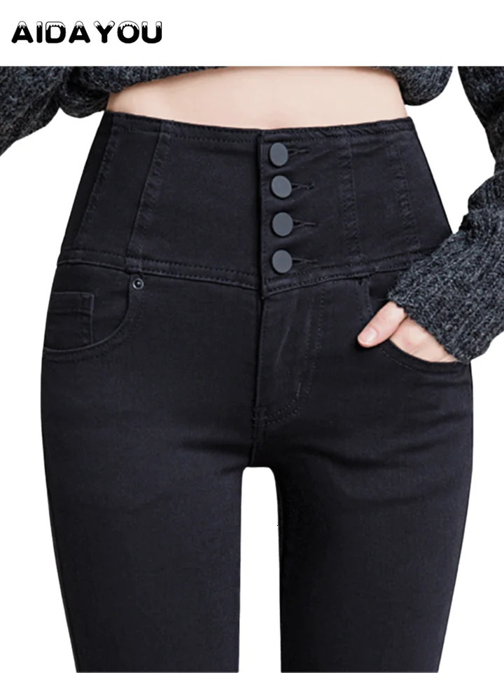 Button Fly Jeans High Waist Front for Women Tummy Control Stretch Denim Black Petite XS - 4XL Dress Pants With Pocket ouc433 241220