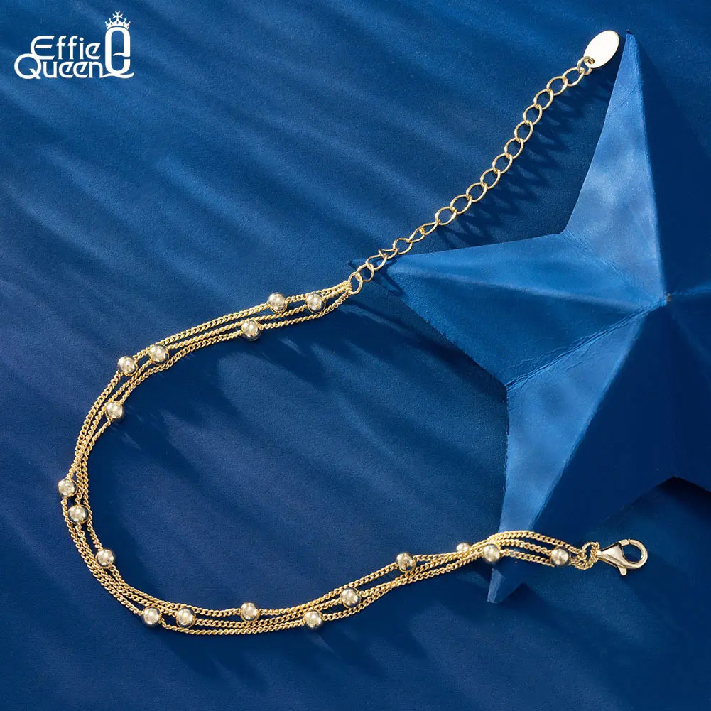 EFFIE QUEEN 14K Gold Triple Layers Chain Bracelet 925 Sterling Silver Round Ball Decor Women Bracelets Fine Jewelry Gift SB173 241214
