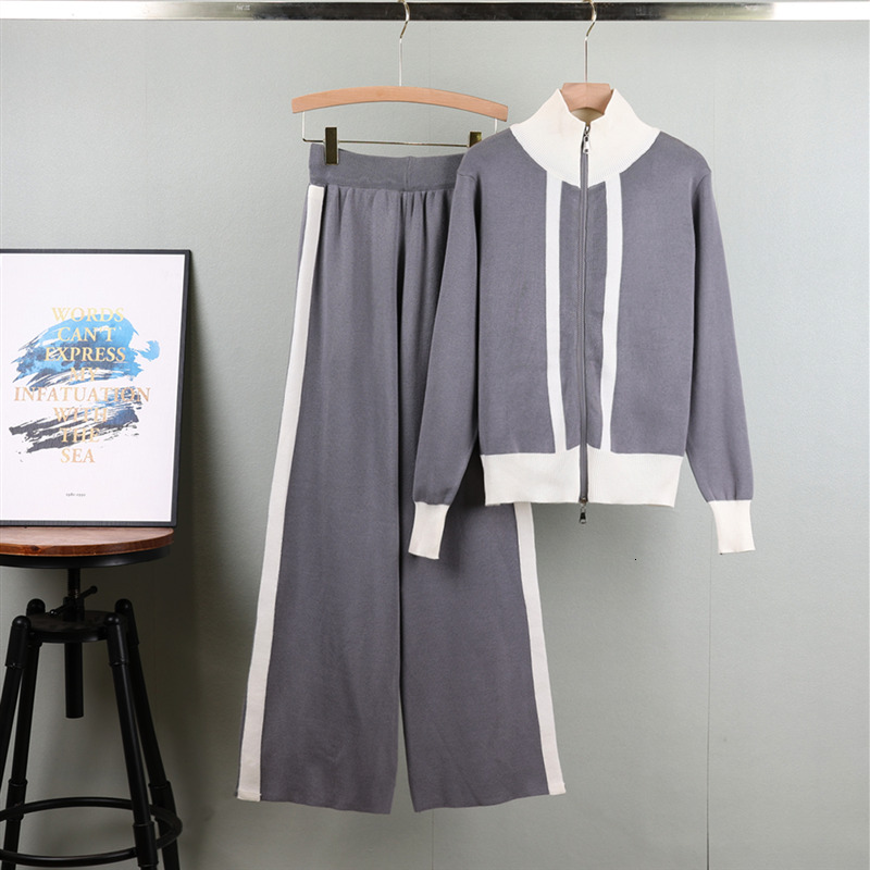 new Knitted Jacket Pant Set For Women Casual Long Sleeve Zipper Coat Vintage Sweatshirt Suit Autumn Woman Streetwear
