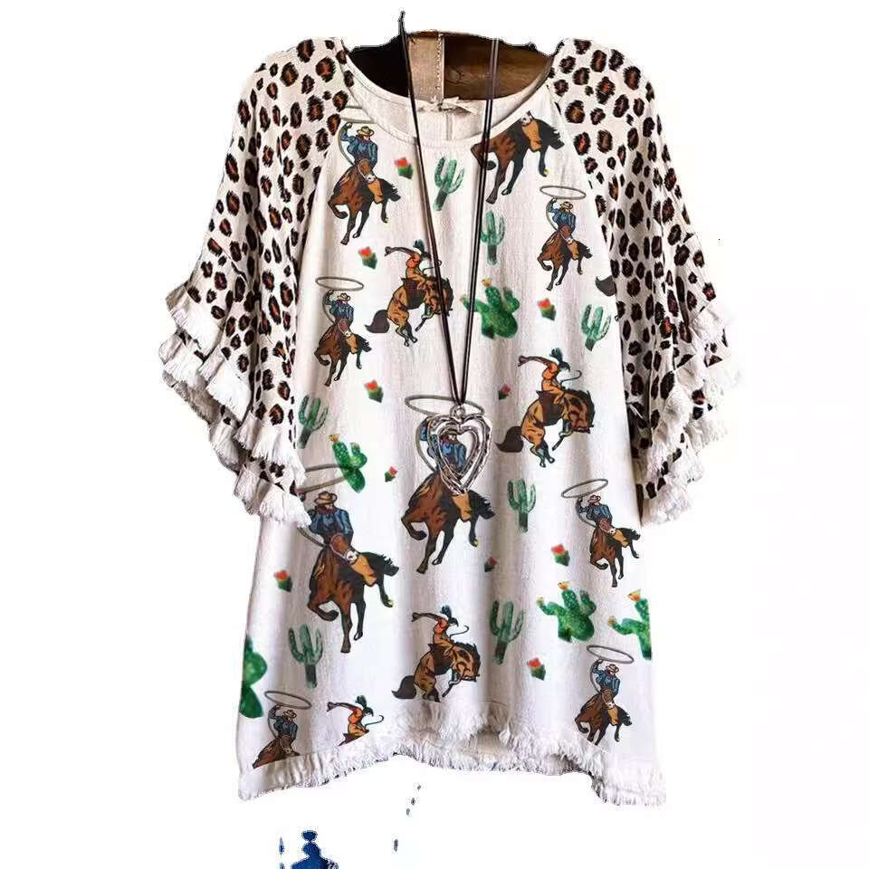 2021 Women's Round Neck Short Sleeve Printed Temperament Commuter Loose Cotton T-shirt with Head Set, 2024 New Casual Versatile Fashion Clothing