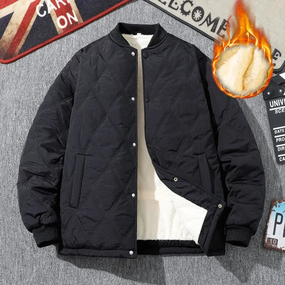 Men Winter Rhombus Cotton Padded Jacket Casual Thick Lambswool Lattice Streetwear Korean Coat Vintage Baseball Cold-proof Parka 241216
