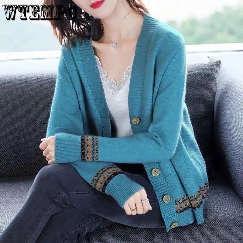 WTEMPO Spring Autumn Solid Color Womens Knitted Cardigan Long Sleeve Korean Loose VNeck Button Sweaters Coat Female Clothing 241220