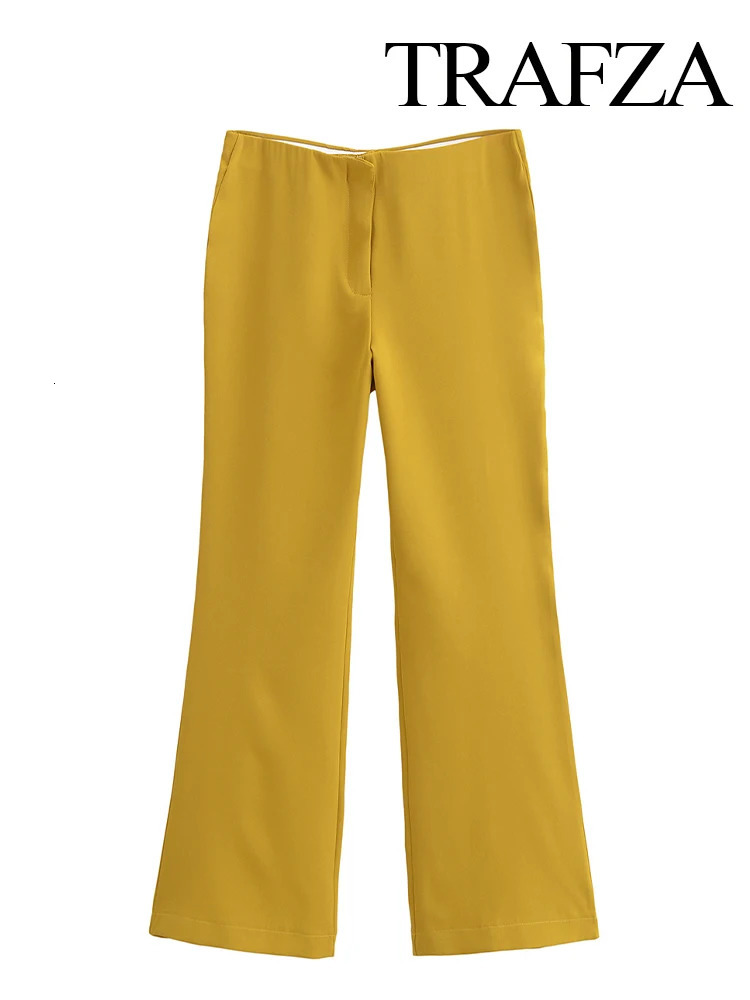 TRAFZA Womens Sexy Fashion 2piece Set with Side Seam Back Zipper Shoulders and Elegant High Waist Elastic Flare Pants Unprinted Good Product 241211
