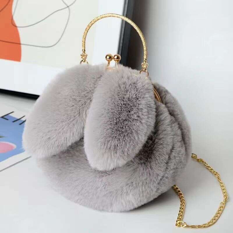 Plush shoulder for women's handheld crossbody chain mobile phone versatile and fashionable small round bag, rabbit ear clip buckle bag