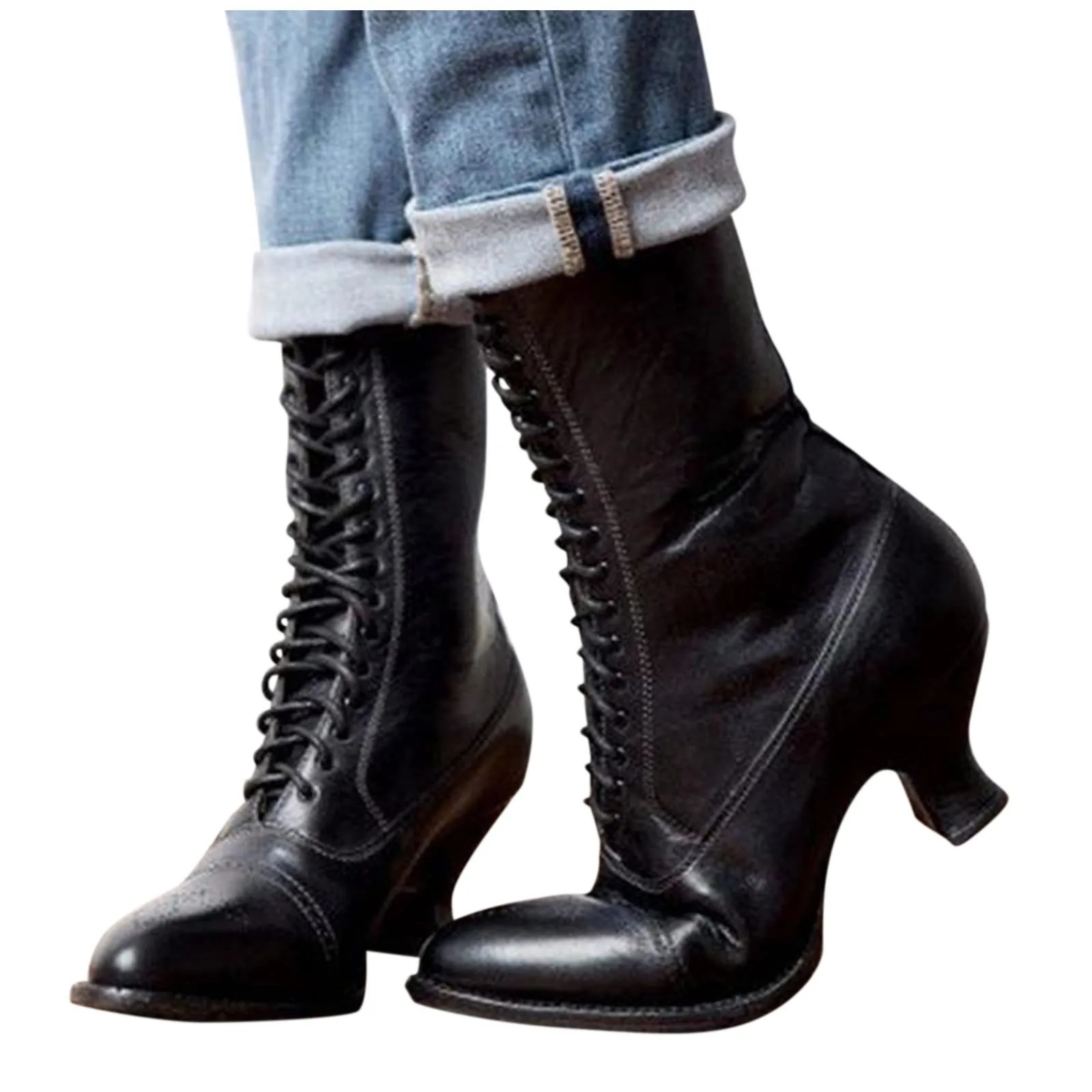 Gothic womens boots heel ankle lace upper corner heel boots high retro elastic cross tie shoes zapatos para mujeres 241213