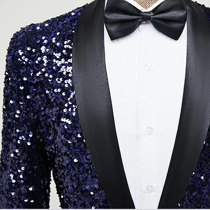 Mens Dress Blazer Navy Blue Sequin Formal Suit Jacket Shining Stage Concert Performance Tuxedo Coat Singer Host Costume 241218