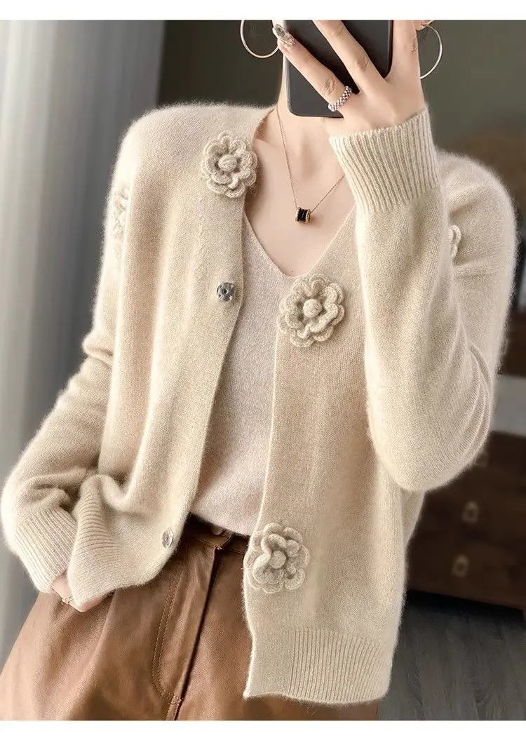 Autumn Winter Vneck Threedimensional Hook Flower Knitted Cardigan Womens Embroidered Sweater Jacket Loose Top 241220