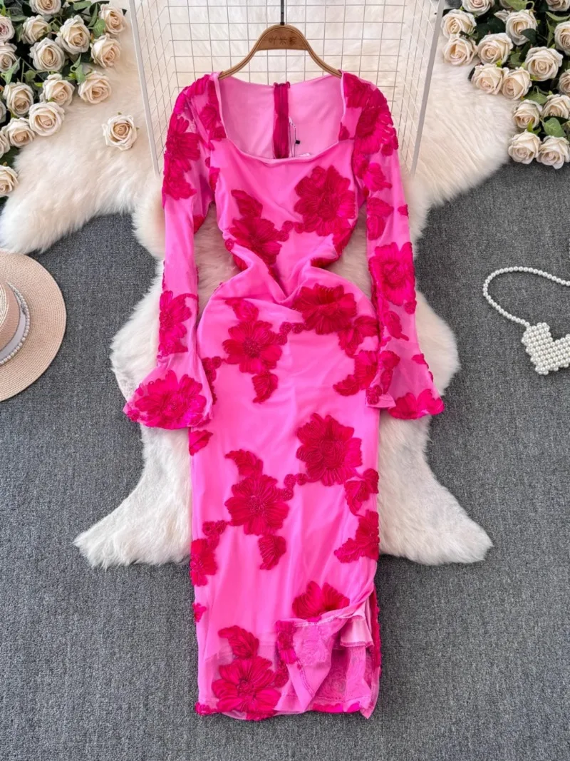 Basic Casual Dresses High Street Dresses Women Square Collar Luxury Socialite Style Bodycon Dress Embroidered Floral Slim Medi Flared Sleeve Vestidos 