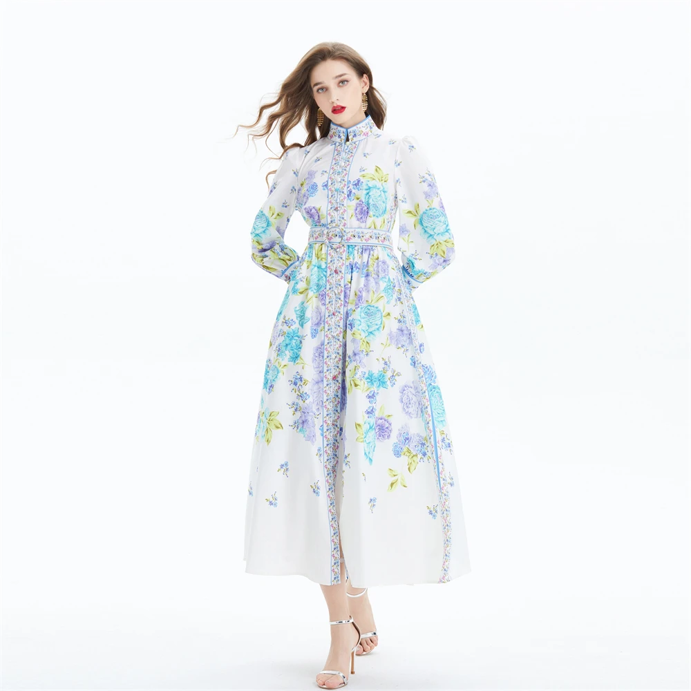 New Women Dresses Casual Court Style Drseses Women 2025 Early Spring Autumn New Palace Flower Print Dress Long Sleeved Beach Waist Wrap Chic Vestidos