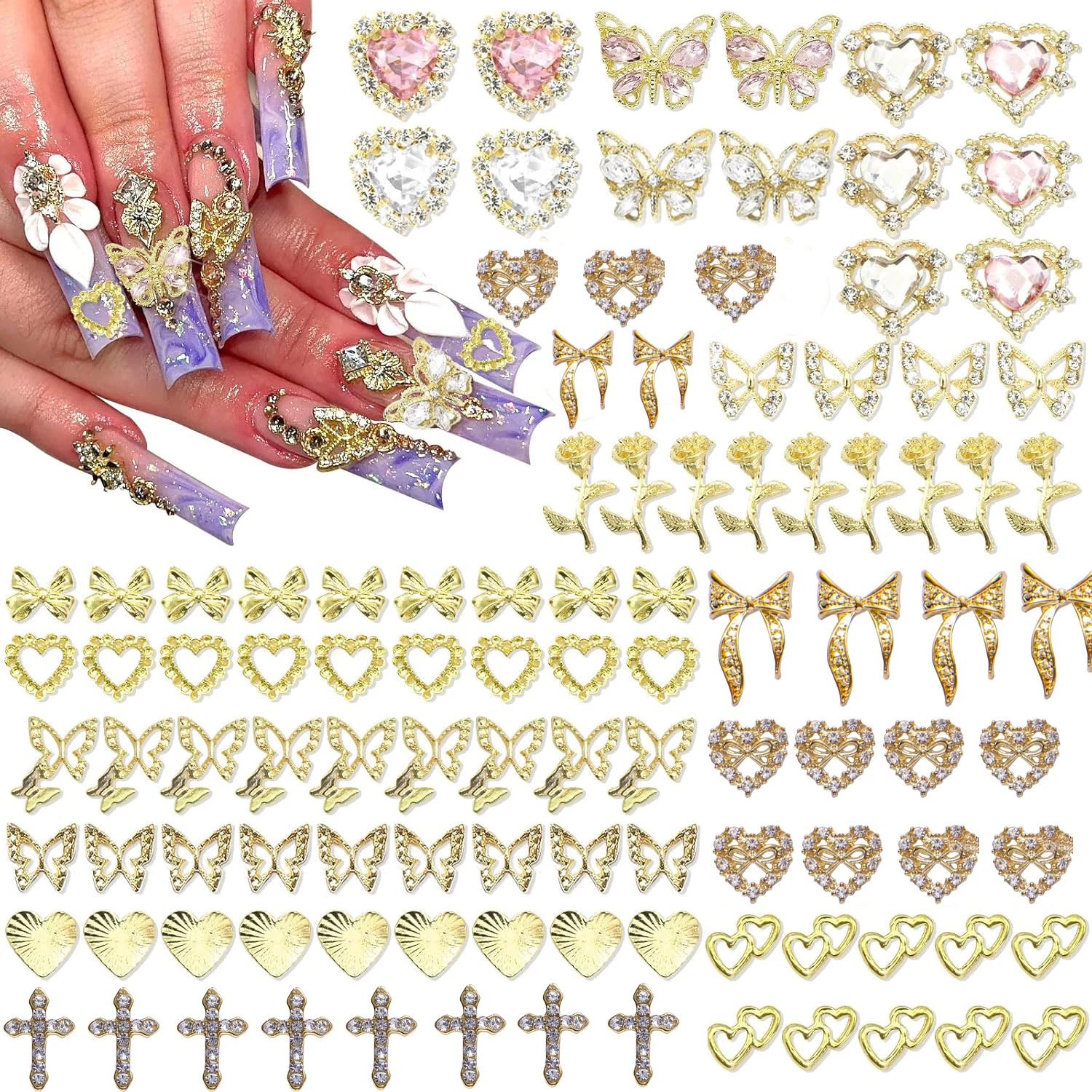 135PCS Gold Nail Charms 3D Butterfly Nail Gems Pink Crystal Heart Nail Art Jewelry Bow Charms for Acrylic Nails Glitter 241220