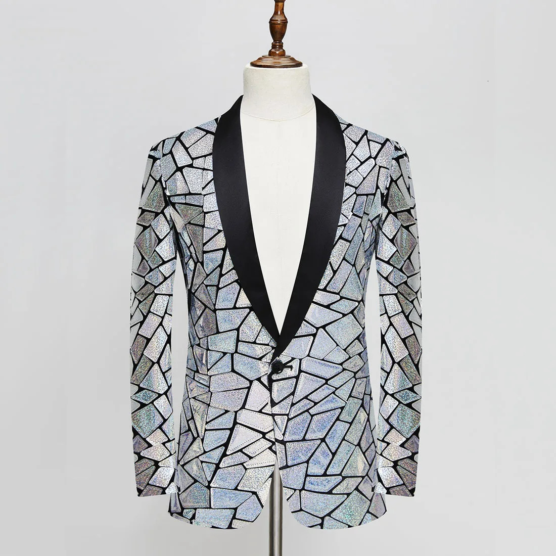 Glitter Silver Laser Mirror Blazer Coat Male Bar Nightclub Singer Stage Performance Sequin Suit Jacket Banquet Party Tuxedo 241218