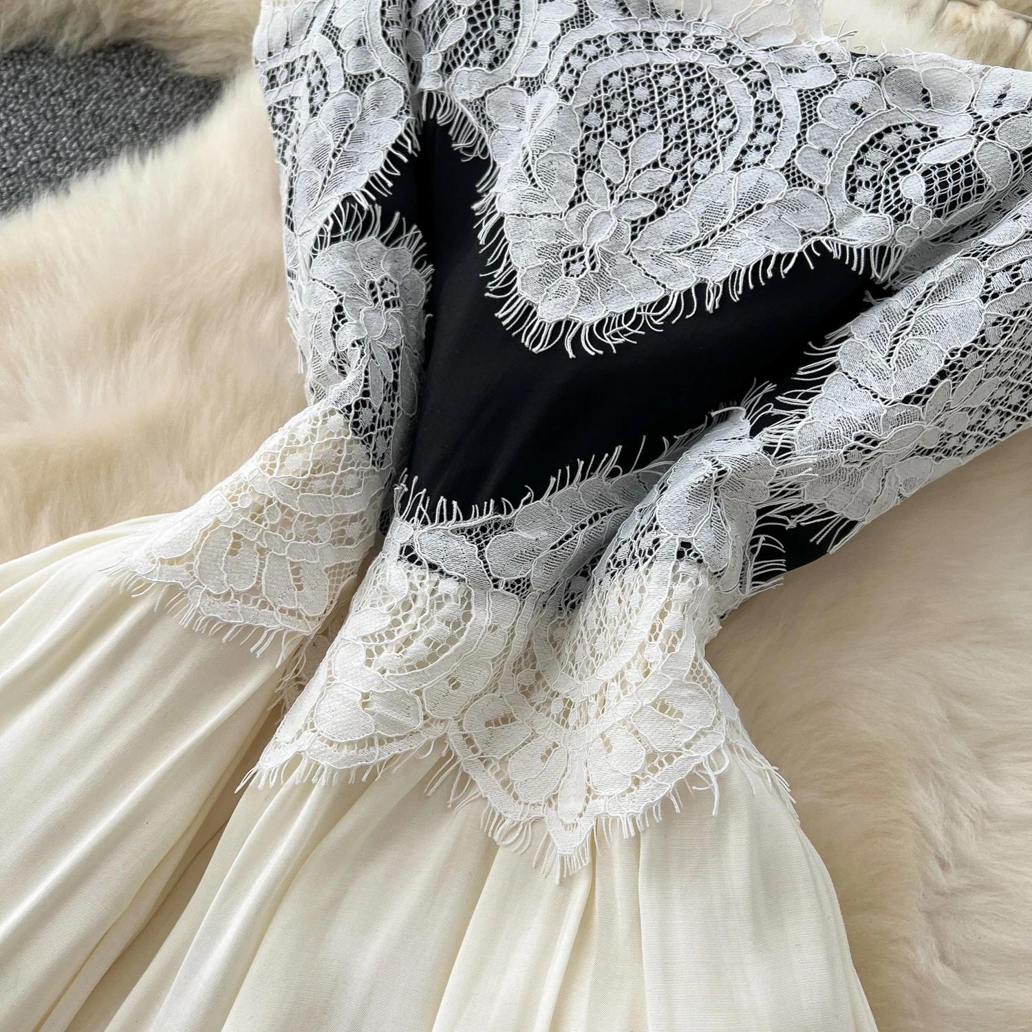 French Chic Vestidos De Fiesta Slash Neck Spaghetti Strap Vintage Dress Women Lace Patchwork Dresses Summer Dropshipping 2025