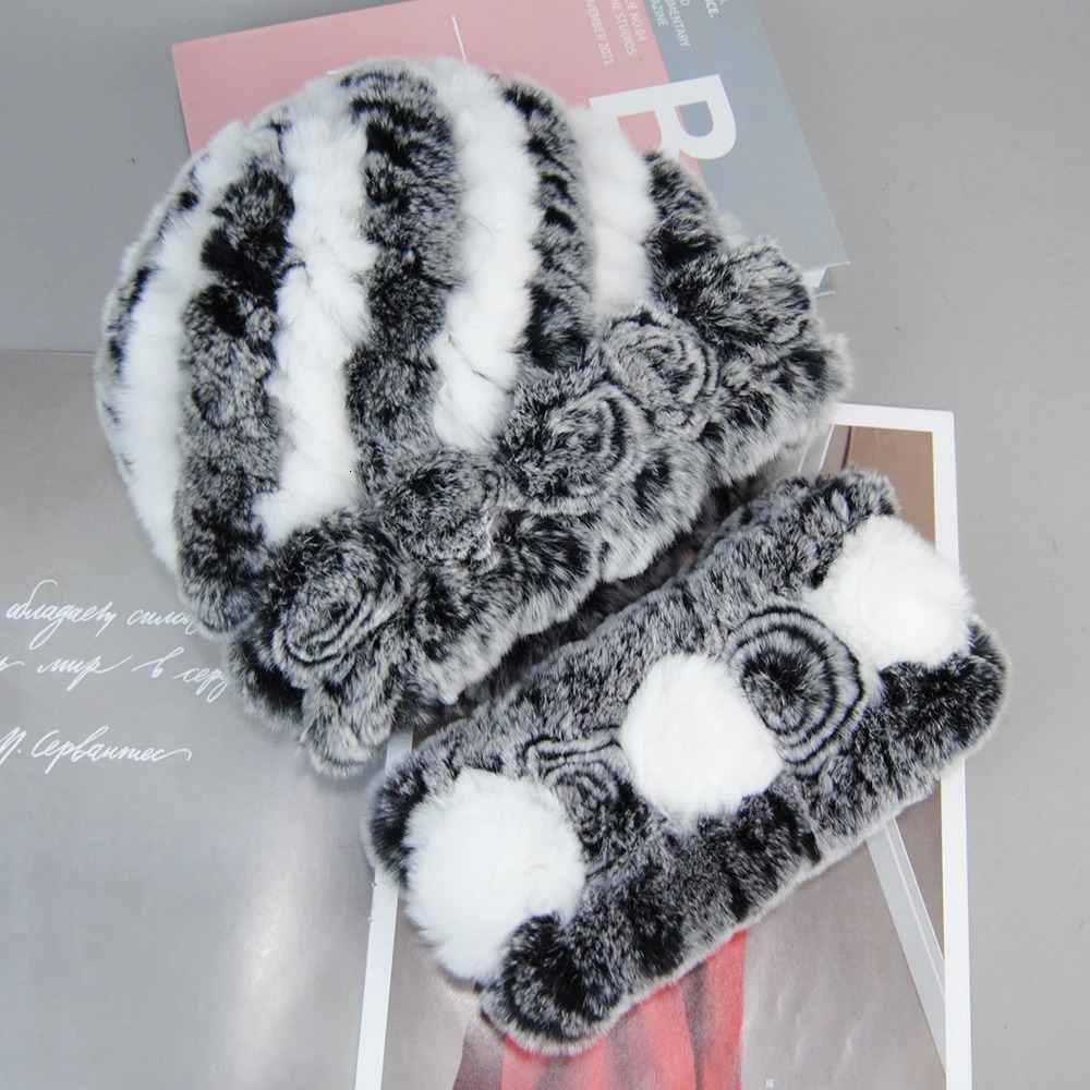 Fashion Real Fur Hats Scarves Sets Women Winter Knitted Real Rex Rabbit Fur Hat Scarf Ladies Natural Fur Hats Mufflers Sets 241214