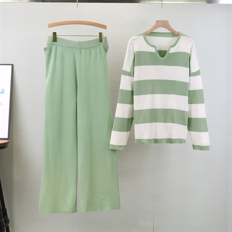 new Autumn New Retro Women Sweater Set Casual Pullovers Suits Striped Knitted Long Sleeve Elegance Tops Elastic Wide Leg Pant