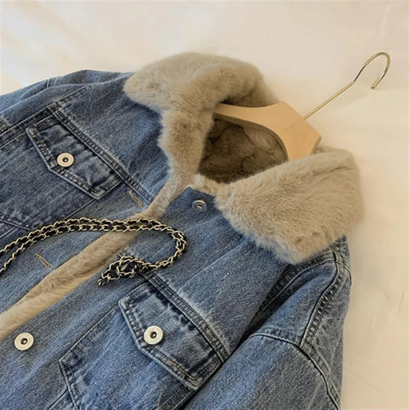Vintage Solid color Jeans Jacket Women Autumn And Winter Lamb Wool Loose Plush Thick Denim Coat female Casual outerwear R461 241220