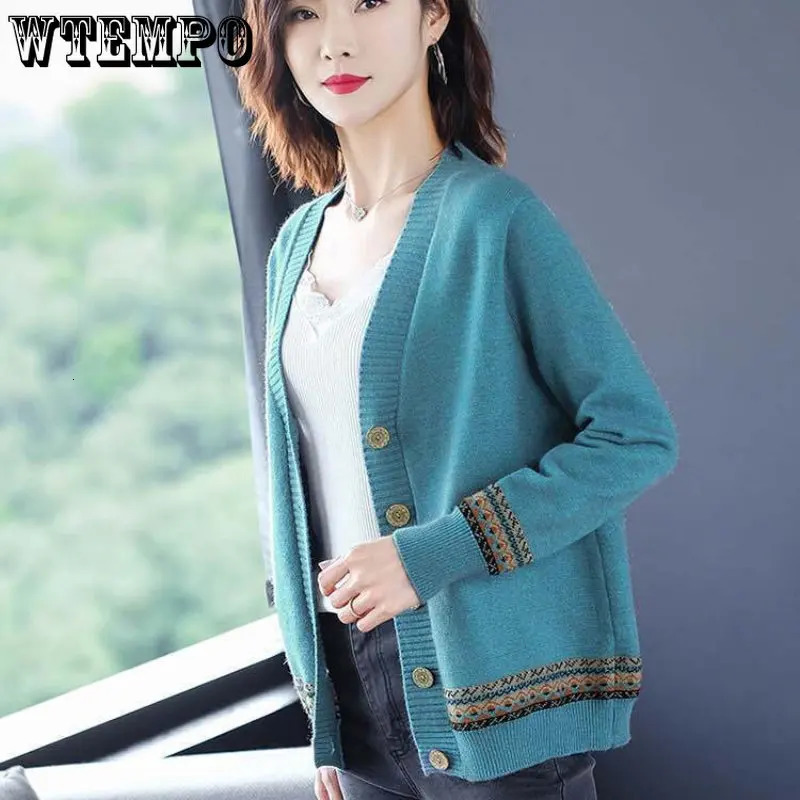 WTEMPO Spring Autumn Solid Color Womens Knitted Cardigan Long Sleeve Korean Loose VNeck Button Sweaters Coat Female Clothing 241220