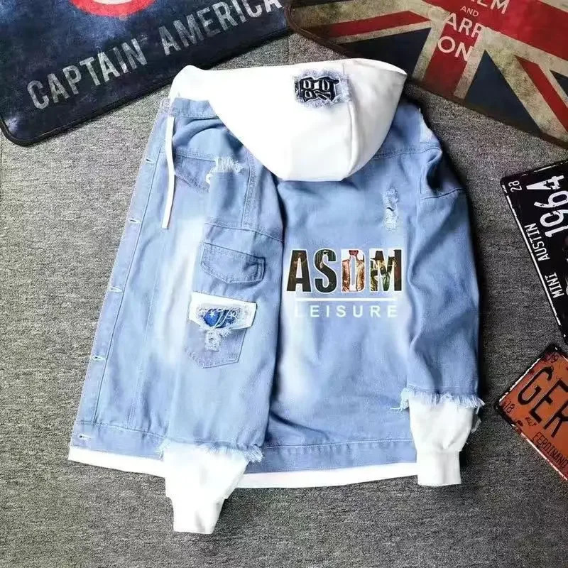 Male Jean Coats With Hat Hooded Mens Denim Jacket Autumn Trendy Low Cost Clothing Elatic Rock Vintage Price Y2k Outwear Casual 241220