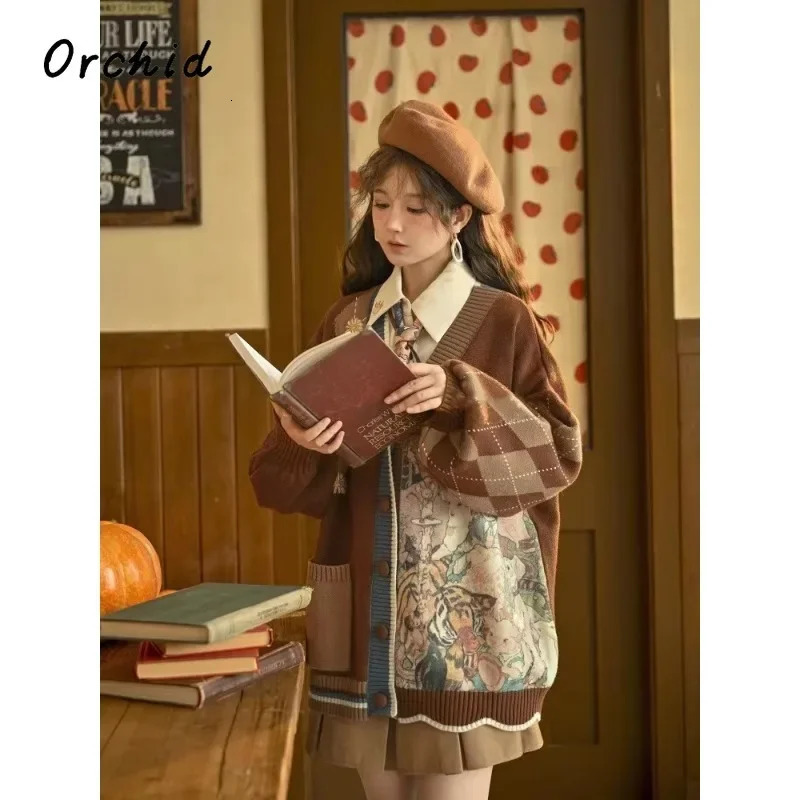 Stylish Vintage Oversized Cardigan Sweater Renaissance Style Loose Knitwear Harajuku Cartoon Knitted Coats Female Clothing 241220