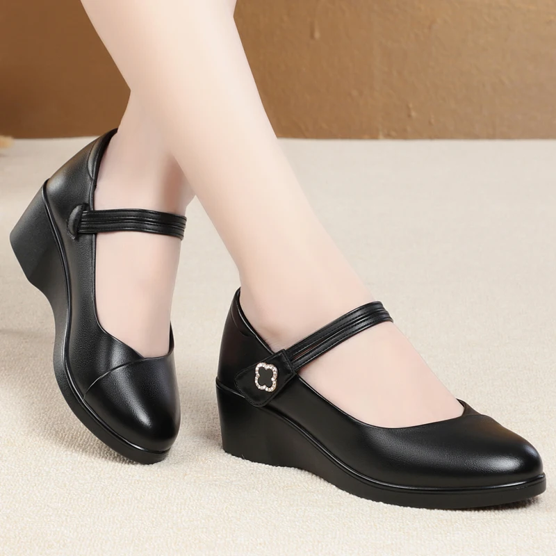 AIYUQI Women Spring Shoes Genuine Leather Large Size Casual Wedge Women Shoes Shallow Mouth Rhinestone Shoes Ladies