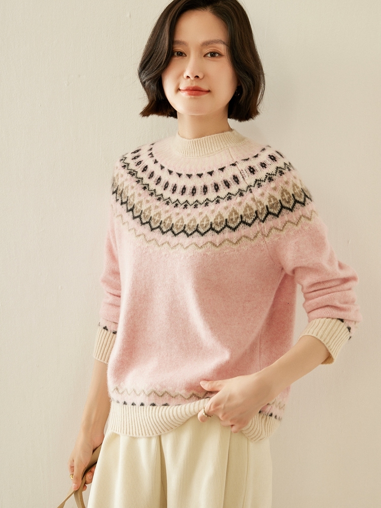 Women's Vintage Mock Neck Pullover Autumn Winter 100% Cashmere Knitwear Thick Jacquard Sweater Tops