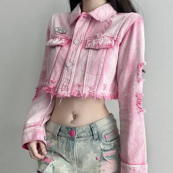 Womens short pink ripped denim jacket jeans top 241219