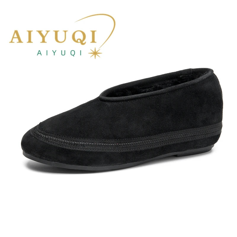 AIYUQI Winter Flat Shoes for Women 2024 Wool Lined Warm Womens Snow Shoes Made of Genuine Leather Comfortable Womens Winter Ballet Shoes 241213