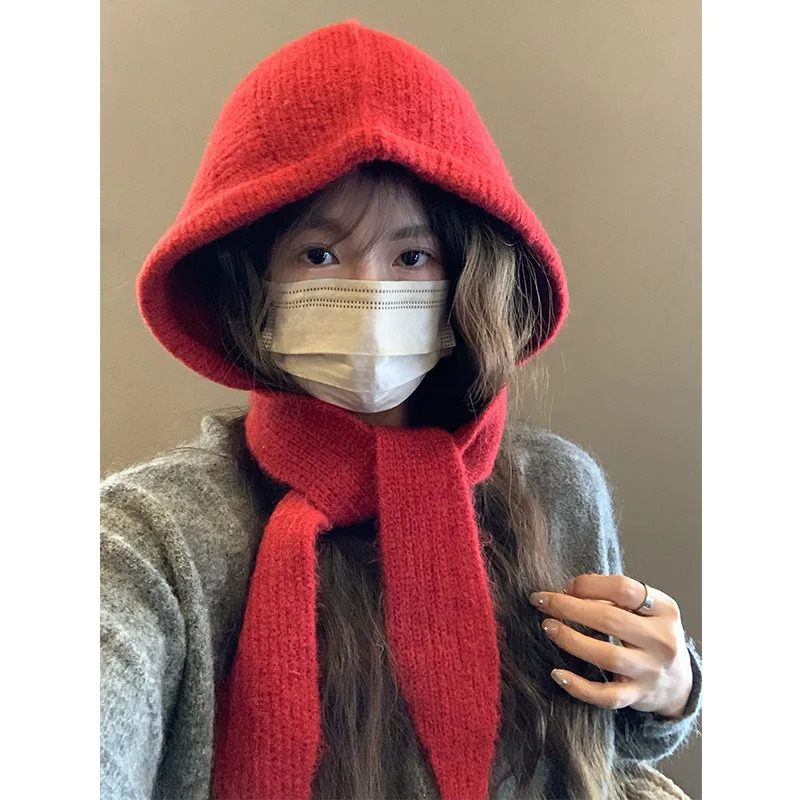 Red Wool Balaclava Knitted Beanies Hat For Women Winter Warm NeckScarf Hood Bib Hats Outdoor Coldproof Skullies Hat 241214