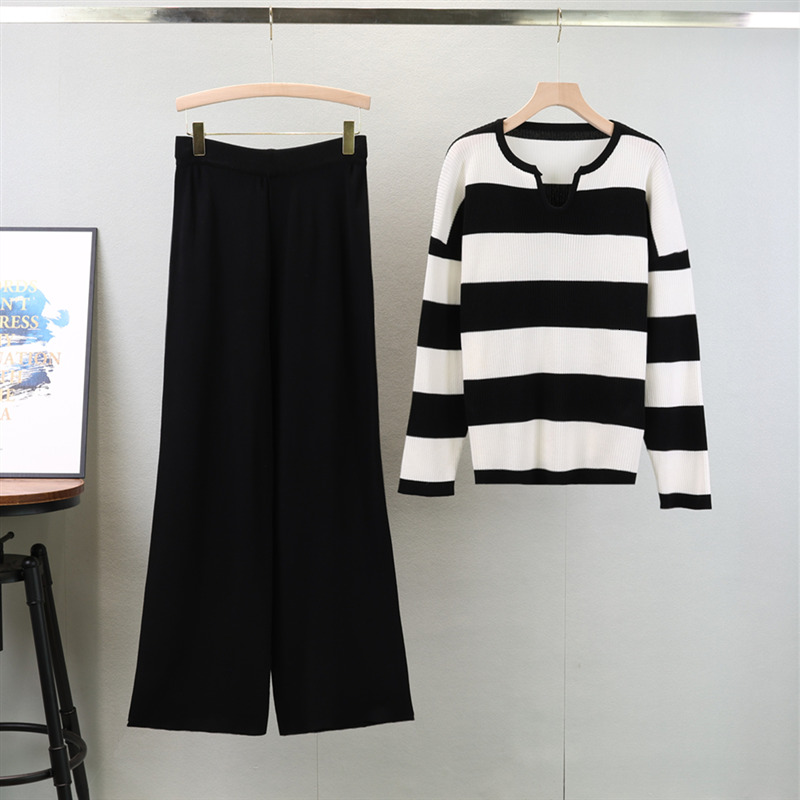 new Autumn New Retro Women Sweater Set Casual Pullovers Suits Striped Knitted Long Sleeve Elegance Tops Elastic Wide Leg Pant