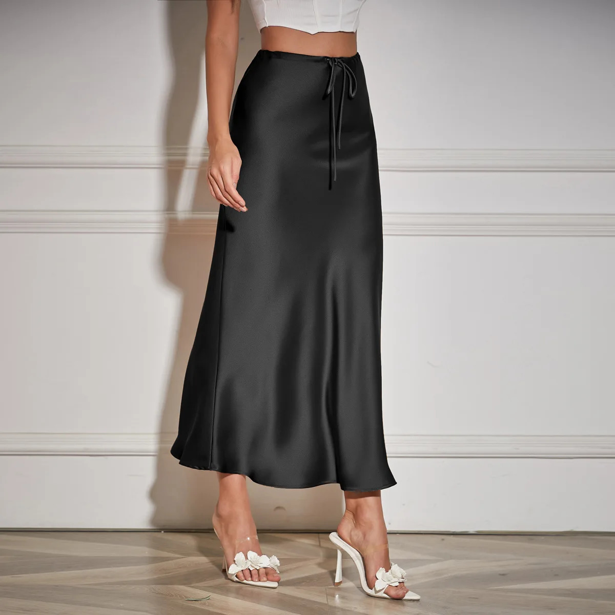 In Spring Summer Solid Color Satin Long Skirt For Women High Waist LaceUp Fashion Elegant Faldas 241217