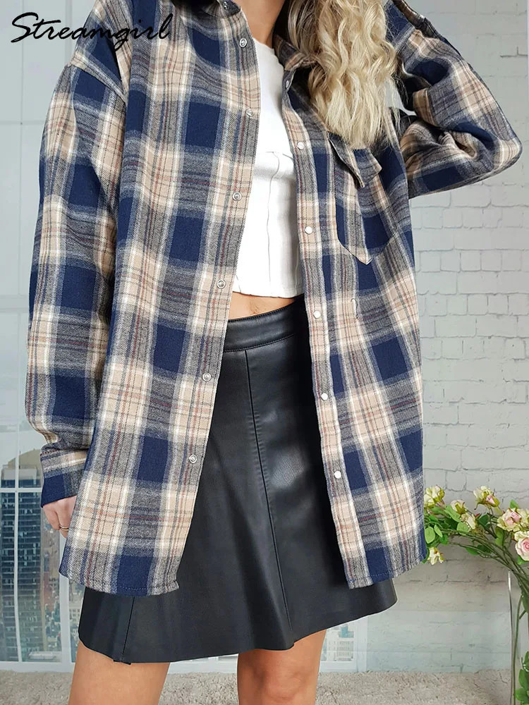 Plaid Oversized Shirts For Women Office Autumn Winter Loose Buttoned Shirt Pocket Long Sleeve Vintage Blouses 241218