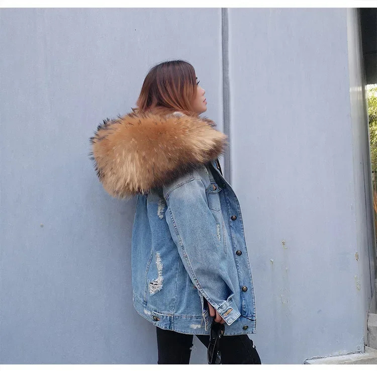 denim parka fur coat jeans parka raccoon fur woman jacket raccoon fur hooded detachable plus size winter clothing 241220