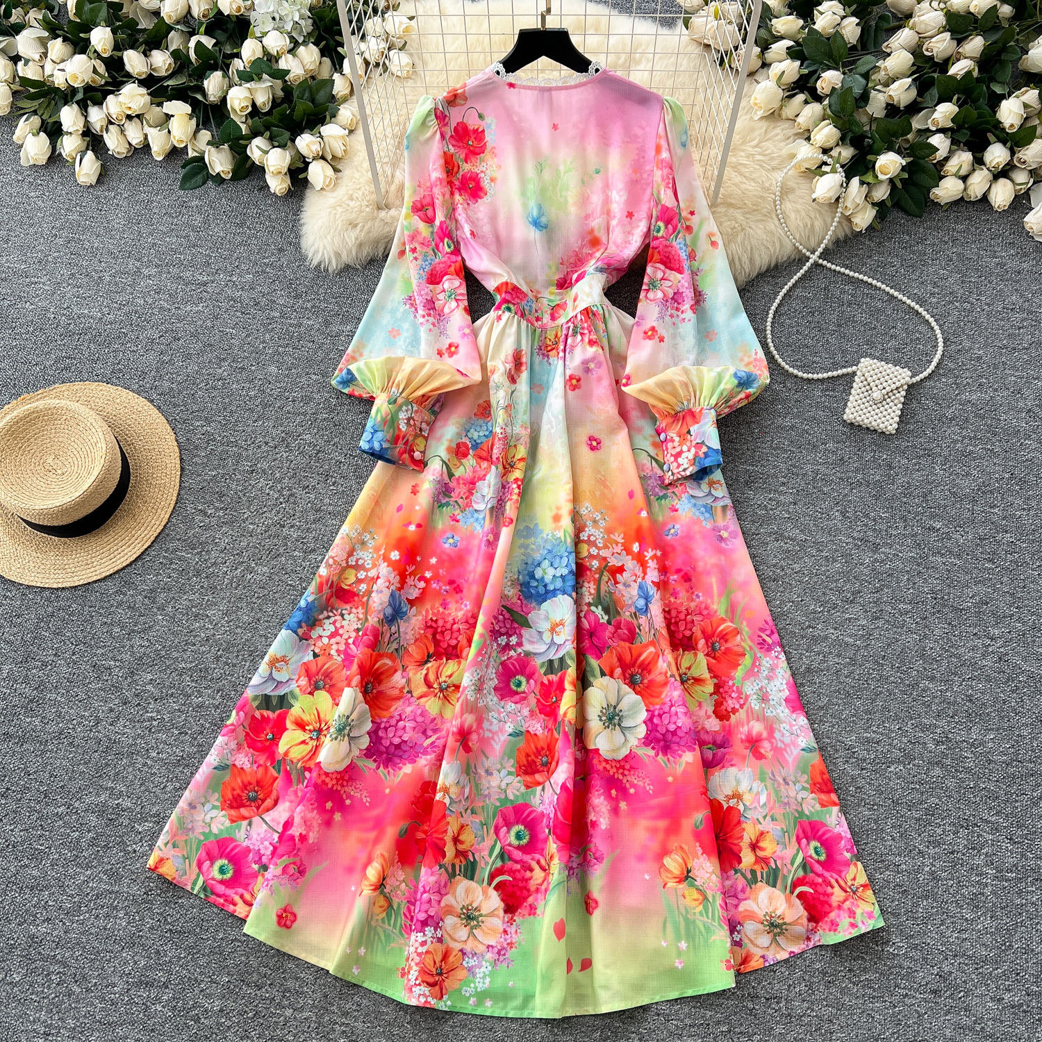 Casual Dresses 2025 Spring Summer Holiday Flower Robe Dress Women Lace Splicing V-Neck Long Lantern Sleeve Floral Print Maxi Vestidos Clothes