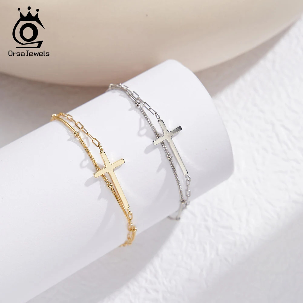 ORSA JEWELS Dual Layers 925 Sterling Silver Chain Bracelet Sequins Cross n for Women Fashion Bracelet Party Jewelry SB197 241214
