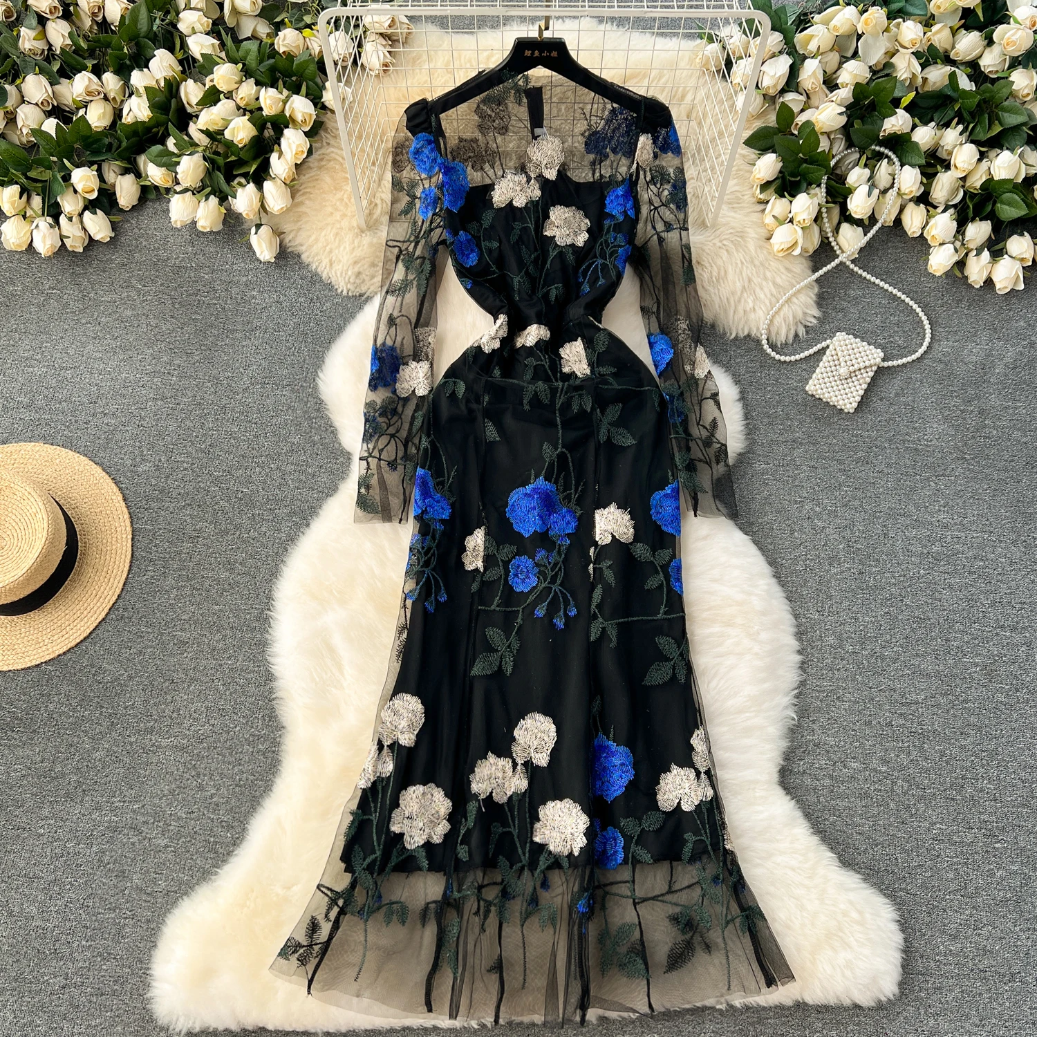 Casual Dresses Sexy Gauze Embroidery Floral Slim Long Sleeve Dress Chic Elegant Vestidos Vintage Summer Spring Women Korean Fashion Dresses 2025