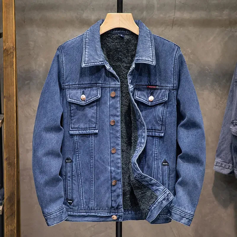 Denim Jackets Man Warm Trendy Loose Cow Coat for Men Padded Joker Outwear Aesthetic Winter Outerwear Size L On Board Y2k Worn 241216