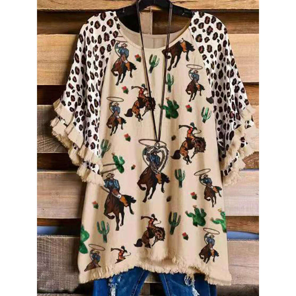 2021 Women's Round Neck Short Sleeve Printed Temperament Commuter Loose Cotton T-shirt with Head Set, 2024 New Casual Versatile Fashion Clothing