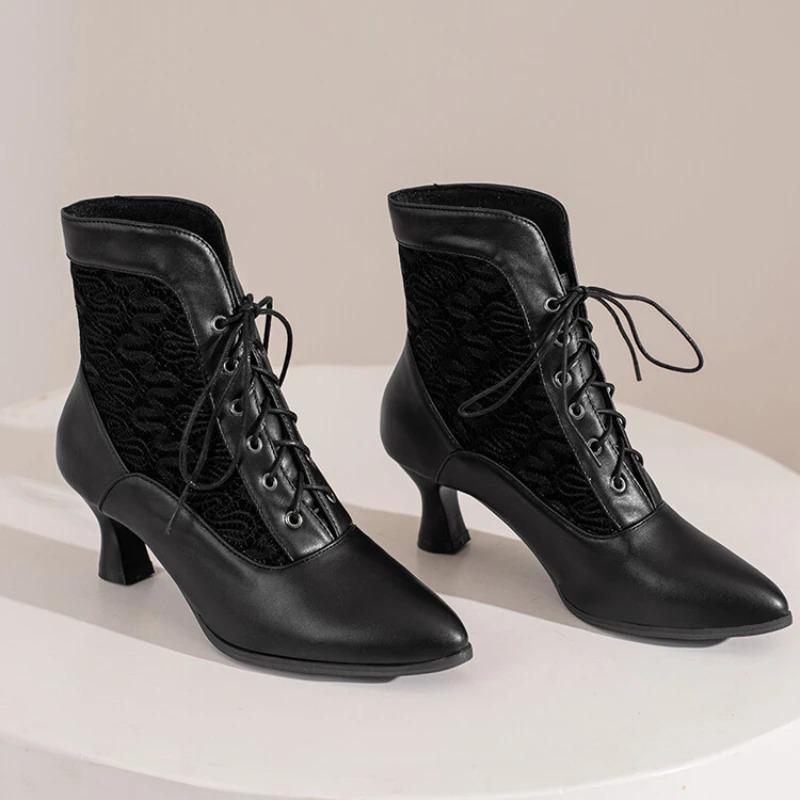 Womens Victorian Ankle Boots Leather Lace Heel Shoes Womens Fashion Lace Heel Splicing Womens High Heels 241213