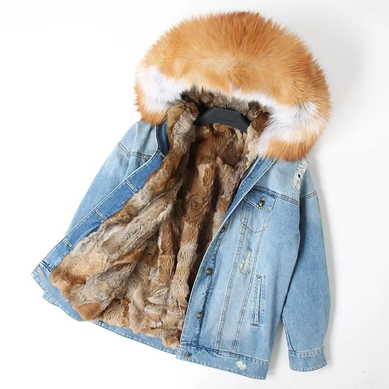 denim parka fur coat jeans parka raccoon fur woman jacket raccoon fur hooded detachable plus size winter clothing 241220