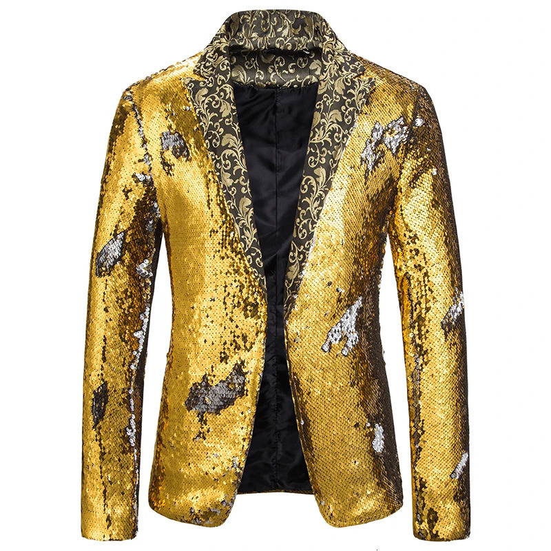 Styilsh Gold Sequin Singer DJ Men Suit Coat Twocolor Stitching Floral Collar Patchwork Blazer Stage Prom Party Nightclub Jacket 241218