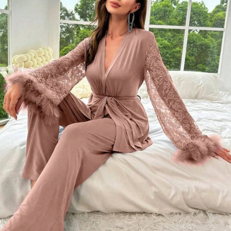 Womens 2 Piece Set V Neck Long Sleeve Floral Lace Feather Trim Belted Pajama Set Sleepwear 241217