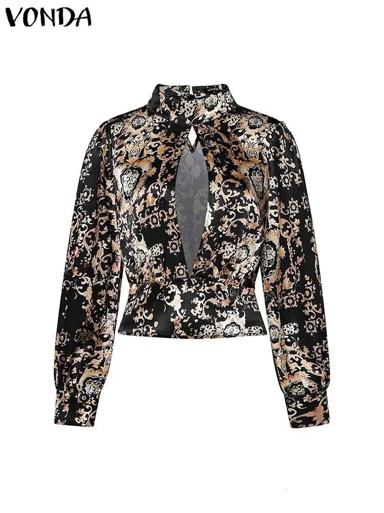 Plus Size VONDA Women Blouse High Neck Hollow Out Blusas Casual Long Lantern Sleeve Print American Style Fashion Sexy Tops 241218
