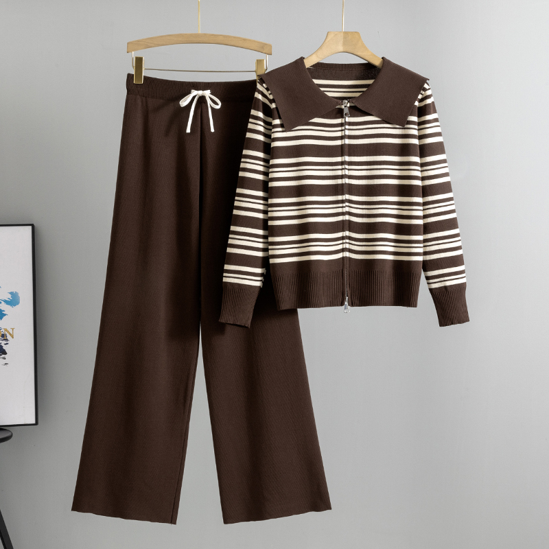 Spring Two Piece Sets Women Knitted Sweater Suit Elegant Doll Collar Stripe Knit Cardigan Wide Leg Pants Two-Piece Set