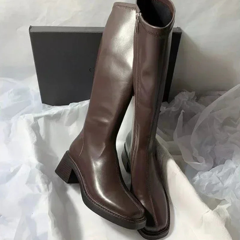 Womens shoes for sale 2024 high-quality side zipper womens boots autumn square toe solid executive block heel fashionable boots 241213