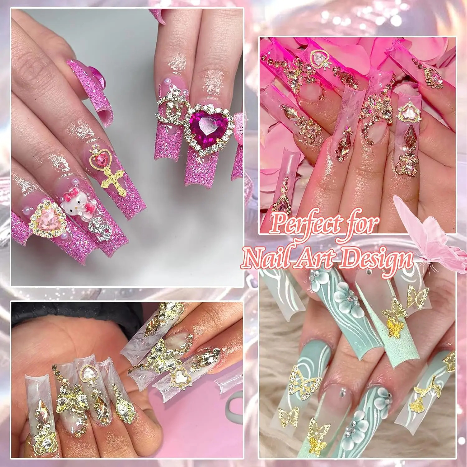 135PCS Gold Nail Charms 3D Butterfly Nail Gems Pink Crystal Heart Nail Art Jewelry Bow Charms for Acrylic Nails Glitter 241220